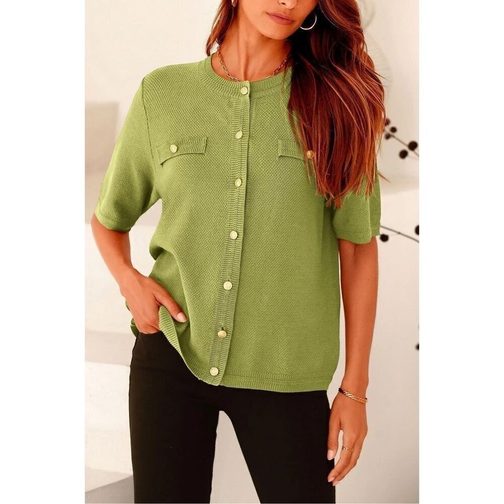 PrettyGarden Lime Green Short Sleeve Button Front Cardigan Knit Top NWT Size S